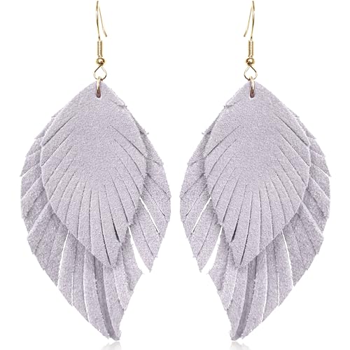 Handmade Bohemian Large Soft Genuine Leather Fringe Double Feather Dangle Drop Earrings Lightweight Simple Color PU Leaf Hook Earrings for Women - color: Purple