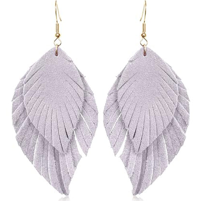 Handmade Bohemian Large Soft Genuine Leather Fringe Double Feather Dangle Drop Earrings Lightweight Simple Color PU Leaf Hook Earrings for Women - color: Purple