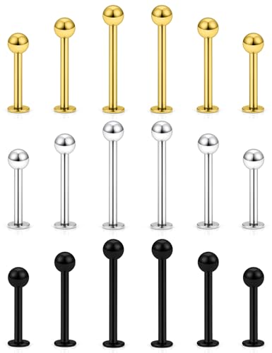 20G 18G 16G 14G 12G Lip Labret Medusa Monroe Rings Studs 316L Surgical Steel Flat Back Tragus Helix Cartilage Earring Stud Piercing Jewelry Bar Length 8mm 10mm 12mm Mix Color 18PCS - color: Silver/Black/Gold, size: 12G(2.0mm)-8/10/12mm Bars-4mm 5mm Balls