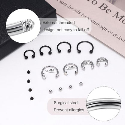 8Pcs 14G 16G 18G 20G Horseshoe Septum Nose Ring Helix Cartilage Earrings Hoops Hypoallergenic Tragus Daith Eyebrow Lip Ring Smily Piercing Jewelry Replacement Ball Spikes 7-12MM - color: Silver + Black, size: 14G