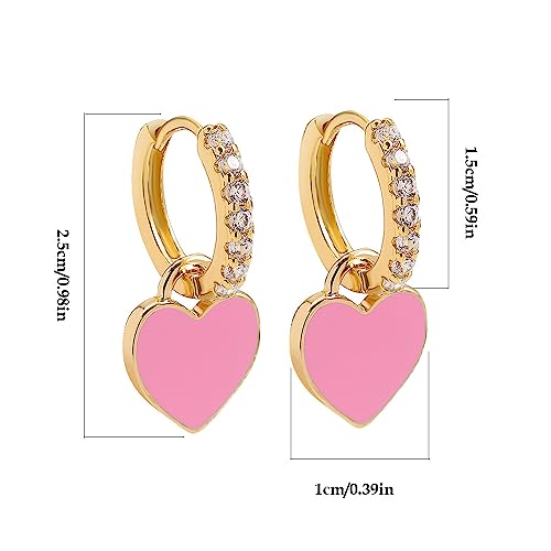 Preppy Love Heart Hoop Earrings for Women Teen Girls Gold Plated Cubic Zirconia CZ Charms Dangle Drop Huggie Small Hoops Cartilage Earring Fashion Colorful Y2K Jewelry Cute Gifts - color: Pink