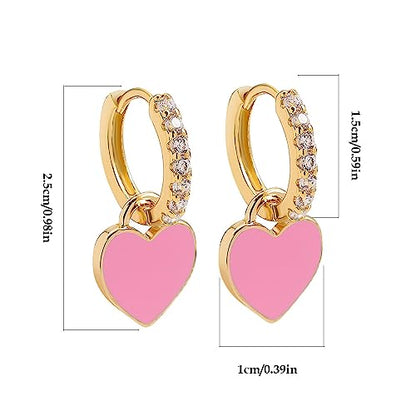 Preppy Love Heart Hoop Earrings for Women Teen Girls Gold Plated Cubic Zirconia CZ Charms Dangle Drop Huggie Small Hoops Cartilage Earring Fashion Colorful Y2K Jewelry Cute Gifts - color: Pink
