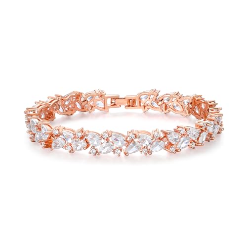 Crysdue Marquise Teardrop Cubic Zirconia Wedding Bridal & Prom Tennis Bracelets for Brides Bridesmaids, Silver/Gold/Rose Gold Plated Bracelet Gifts for Women - style: A_Rose Gold Tone 7.5"