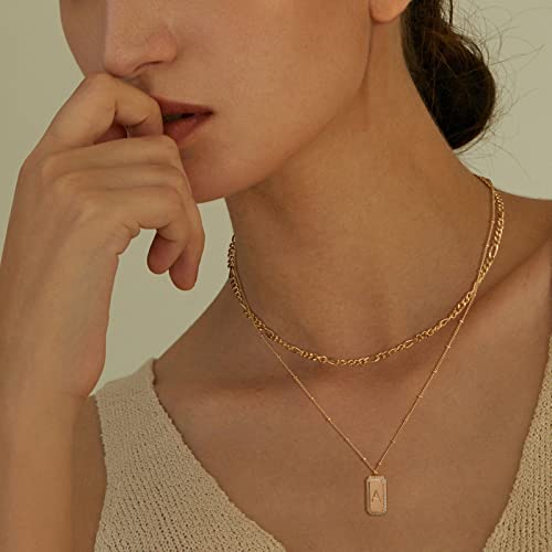 Gold Initial Necklace for Women 14K Gold Plated Figaro Chain Choker Layered Necklaces Set Bar Rectangle Pendant Necklaces Simple Dainty Letter Necklace Everyday Gold Jewelry - style: Letter A