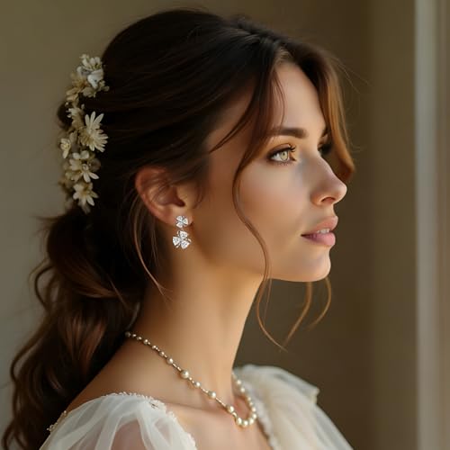Gemsme Bridal Wedding Earrings for Brides Bridesmaides, 925 Sterling Silver Posts hypoallergenic Cubic Zirconia stud,Drop & Dangle Earrings for Women Jewelry Gifts - color: White - Flower