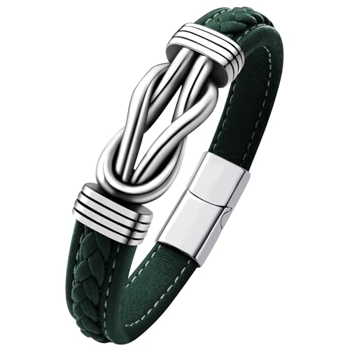 Mens Black Braided Leather Bracelet, Green/Red/Brown/Black Braided Leather Infinity Knot Bracelets for Men with Stainless Steel Clasp, 7.5/8.5/9in Length - color: 04-Green