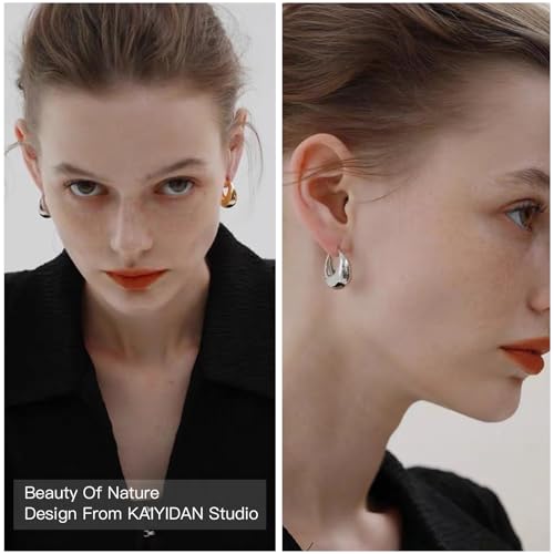 2 Pairs Gold/Silver Hoop Earrings For Women Set Trendy,14K Plated Gold Chunky Huggie Hoop Earings Pack,Oval Twisted Statement Silver Hoops,Fashion Jewelry Gift - color: 17) small chunky oval hoops