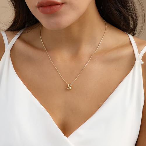 14K Gold Plated Bubble Letter Necklace, Tarnish Free and Waterproof Dainty Initial Necklace for Women, Trendy Personalized Gold Jewelry Gift for Her - color: Gold, style: S