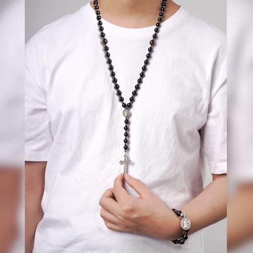 Rosary for Men Women, Natural Stone Beads with St. Benedict Bracelet | 8 mm Natural Stone Prayer Beads with 10 mm Accent Beads, St. Benedict Crucifix, Matching Bracelet, Gift Box and Pouch. - color: Obsidian