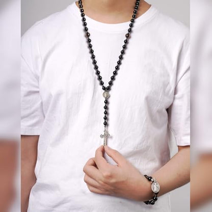 Rosary for Men Women, Natural Stone Beads with St. Benedict Bracelet | 8 mm Natural Stone Prayer Beads with 10 mm Accent Beads, St. Benedict Crucifix, Matching Bracelet, Gift Box and Pouch. - color: Obsidian