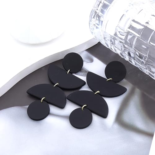 Acrylic Geometric Clay Drop Dangle Earrings for Women Handmade Irregular Polymer Earrings Boho Statement Dangling Earrings Jewelry Gift - color: Black