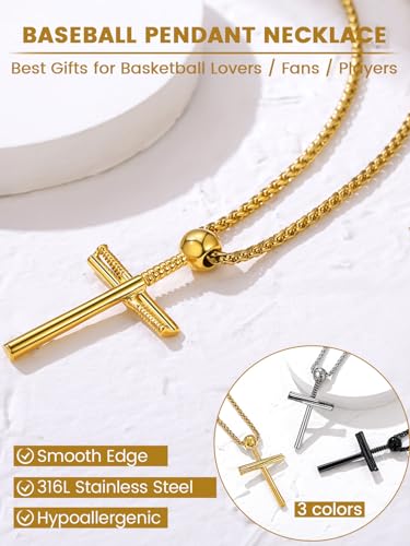 GOLDCHIC JEWELRY Sport Necklaces for Men Teen, Football Baseball Soccer Basketball Softball Necklaces with Stainless Steel Chain Athlete Jewelry Sports Fan Gift - color: Baseball Cross-Gold, style: NO Engraving