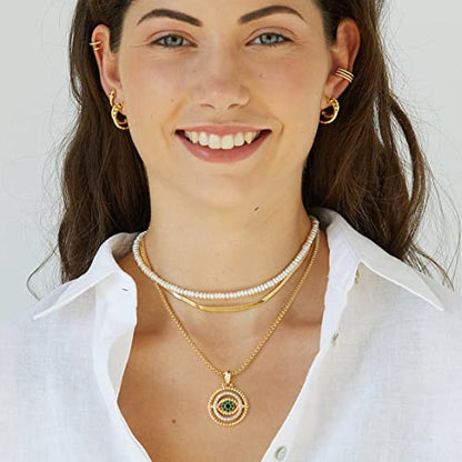 NUZON Sunburst Heart / 2-Tone Interlocking/CZ Evil Eye/Single Pearl/Love Heart Pendant Necklace for Women 14K Gold Chain Necklace Chunky Statement Jewelry - color: Evil Eye