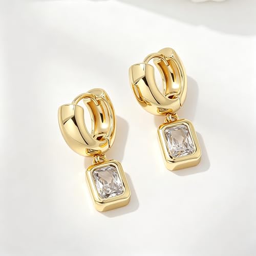 SHERLOVE Chunky Statement Gold Dangle Earrings Women Bezel Cubic Zirconia | 14K Gold Plated Huggie Hoop Drop,Dainty Trendy Elegant Fancy Formal,Hypoallergenic Lightweight Non tarnish,Statement Jewelry - color: Chunky Dangle Rectangle Gold