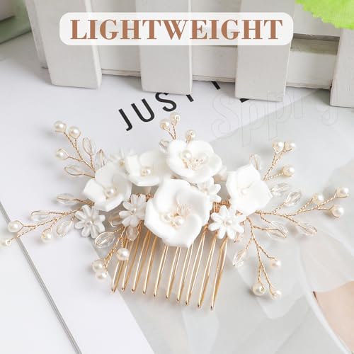 Fancy White Flower Bride Wedding Hair Comb, Handmade Pearl Rhinestone Hair Accessory for Bridal Women (Gold with 5 Flowers) - color: Style 2 (with 5 Flowers)