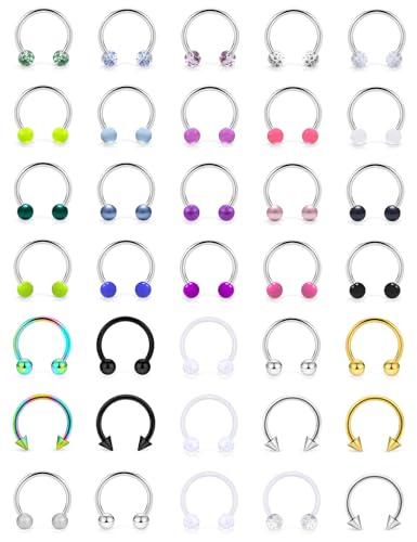 36-40Pcs 16G Surgical Steel Nose Septum Rings Piercing Jewelry Horseshoe Cartilage Helix Tragus Earring Hoop Eyebrow Lip Hoop Retainer for Women Men 8mm 10mm - color: 35pcs