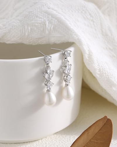 Pearl Earrings for Women, 14k Gold Plated Trendy Diamond Pearl Drop Earrings Bridal Shower Gifts Wedding jewelry for Women - color: Style D Silver