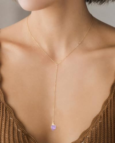 Lariat Necklace for Women Dainty Gold Long Crystal Drop Y-Shaped Necklace | 14k Gold Plated Crystal Drop Necklace Trendy Non Tarnish Simple Gold Jewelry For Wedding, Prom, Daily - color: Amethyst