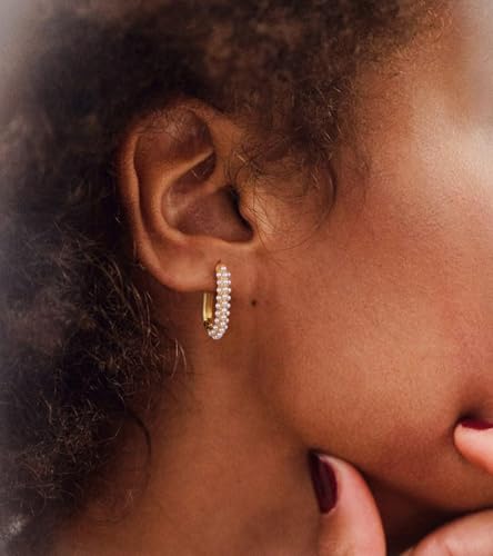 Kenivira Gold Pearl Hoop Earrings for Women | 18K Gold Huggie Dangle Earrings | Lightweight Small Hoop Earrings - color: Pearl & Rectangle