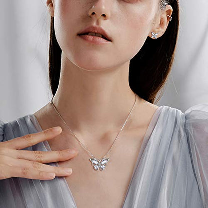 925 Sterling Silver Birthstone Butterfly Jewelry Women Crystal Animal Cute Butterflies Birthday Necklace/Earring/Ring/Bracelet Sets Birth Stone Statement Anniversary Jewellery - color: 1-D.April-Diamond