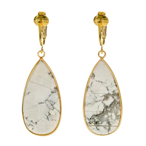 Aloha Earrings Non Pierced Gold Tone Clip On Natural Stone Teardrop Dangling Earrings - style: White Turquoise