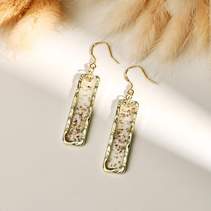 Gold Rectangle Dangle Earrings - Handmade Resin with Abalone Shell Pieces, Unique Drop Earrings