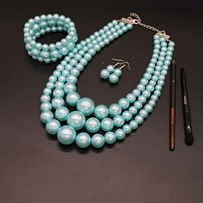 We We Imitation Pearl Necklace for Women Large Chunky Pearl Necklaces Multilayer Pearl Necklace and Earring 1920s Costume Jewelry set - color: sky blue pearl necklace set