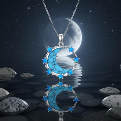 925 Sterling Silver Turquoise Moon Pendant Necklace for Women, Snake/Flower/Bow/Tree of Life/Star Moon Necklace, Dainty Jewelry for Daily Wear & Gifts - style: Style 5