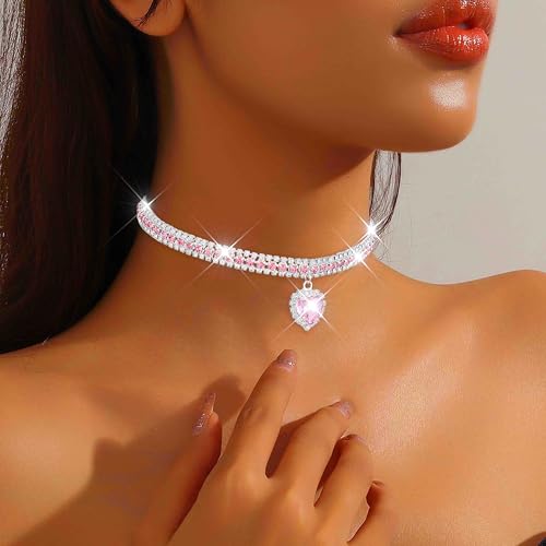 CLOACE Rhinestone Choker Necklace Heart Pendant Diamond Row Necklaces Sparkly Crystal Prom Chain Jewerly Accessories for Women - color: Pink