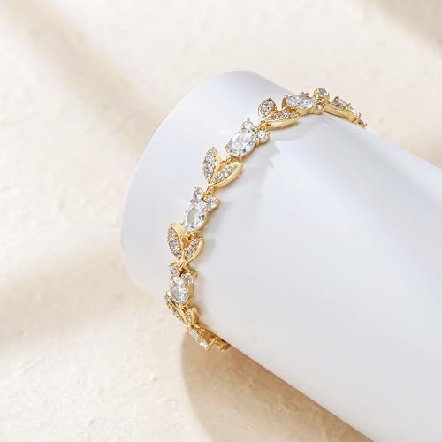Crysdue Wedding Bridal Bracelets for Brides, Cubic Zirconia Tennis Birthstone Jewelry Gift for Women Prom - style: F_Gold, 7 Inch