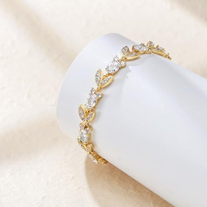 Crysdue Wedding Bridal Bracelets for Brides, Cubic Zirconia Tennis Birthstone Jewelry Gift for Women Prom - style: F_Gold, 7 Inch
