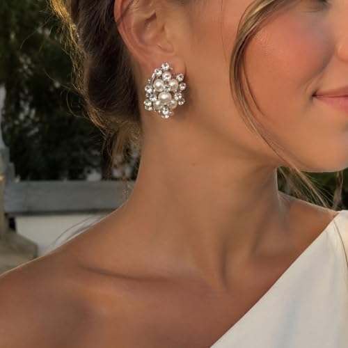 EVER FAITH Austrian Crystal White Simulated Pearl Bridal Cluster Pierced Stud Earrings - color: Clear Silver-Tone