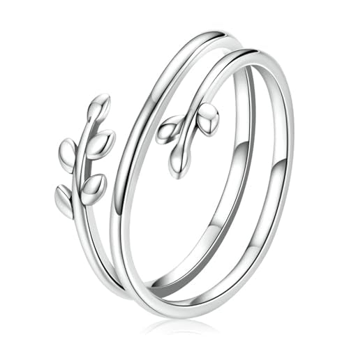 Silver Open Adjustable Stacking Rings for Women, Minimalist Wrap Band Set, Geometric/Heart/Wave/Leaf/Spiral Styles, Hypoallergenic, Gift Box Included, Thumb Ring Option - color: Leaf