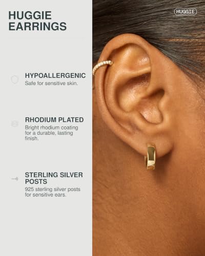 PAVOI 14K Gold Plated 925 Sterling Silver Post Huggie Earrings - Small Hoop Earrings for Women - style: White