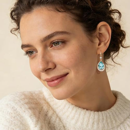 Austrian Crystal Halo Teardrop Hollow Drop Dangle Earrings for Women 14K Rose Gold Plated Hypoallergenic Jewelry Gifts - color: Aquamarine