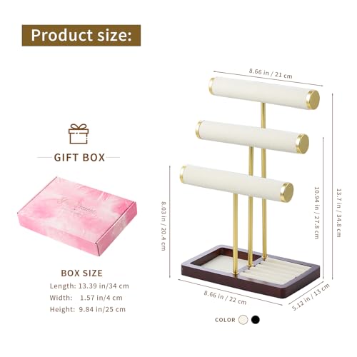 modern T-shaped jewelry rack, jewelry tower, gold metal, square ceramic base decoration display tower, necklace, bracelet, ring storage rack (3-layer beige velvet) - style: 3-layer beige velvet