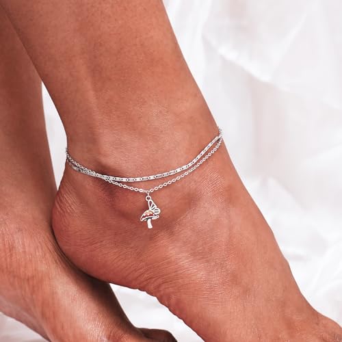 CHIC & ARTSY 925 Sterling Silver Ankle Bracelets for Women, Adjustable Layered Foot Chains with Nature & Symbol Charms, Lightweight Comfort Fit Boho Beach Everyday Jewelry - color: # Mushrooms Butterfly Anklet