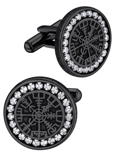 FaithHeart Mens Cufflinks, Norse Viking Tuxedo Shirt Cuff Links, Stainless Steel Cuff Links and Shirt Studs, Gift Box - style: 01. Compass CZ-Black