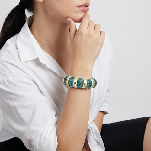 GOOJIDS Simple Beaded Gold Plated Bangles Bracelet Chunky Bamboo Tube Curved Stacking Clear Acrylic Colorful Beads Stretchable Gold Plated Bracelets Set For Women - color: B-Gold&Green Leopard