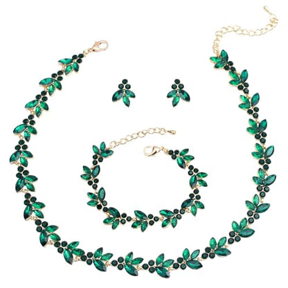 Bridal Wedding Crystal Leaf Choker Necklace Dangle Earring Bracelet Brides Bridesmaid Jewelry Set for Women - color: Emerald-Gold Plated