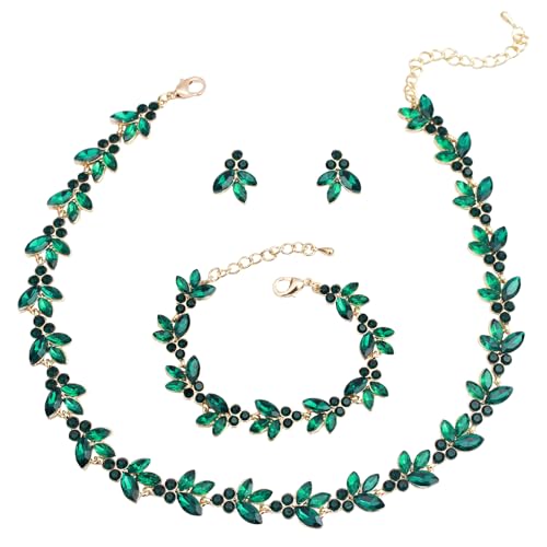 Bridal Wedding Crystal Leaf Choker Necklace Dangle Earring Bracelet Brides Bridesmaid Jewelry Set for Women - color: Emerald-Gold Plated