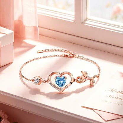 1CT Rose Heart Birthstone Bracelet for Women Love Gift - style: 03/12-Mar/Dec Light Blue Rose Gold