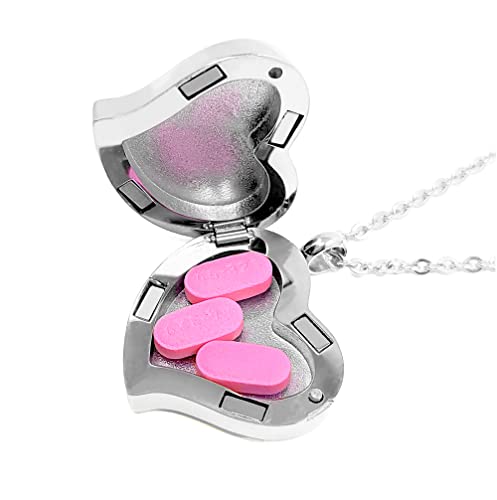 Amour Heart Pill Necklace - Polished Heart Locket with Strong Magnetic Closure - Medication Necklace - Keep Your Medication Securely with You at All Times - 26 Inch Chain - color: Silver