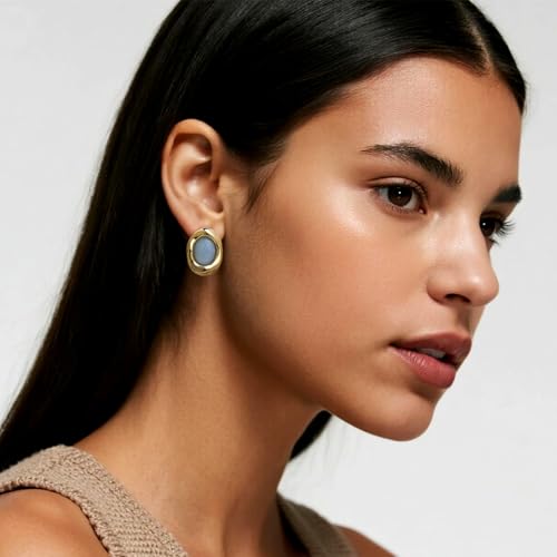 Jean Beau Chunky Gold Stone Stud Earrings for Women, Trendy Natural Gemstone Hypoallergenic Earing Valentine Jewelry Gift - color: Milky Aquamarine