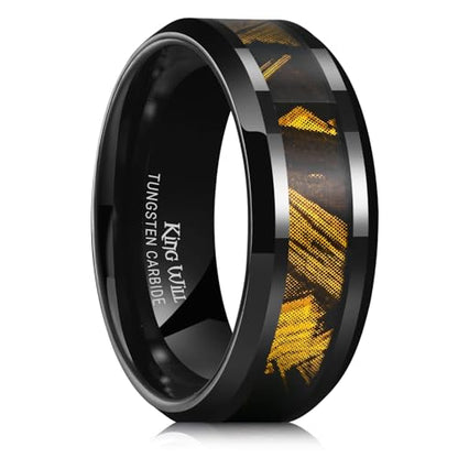 King Will Tungsten Wedding Band Wood Inlay for Men Black Beveled Edge | Black, 8mm, Beveled Edge, Comfort Fit, Wood inlay, Promise Gift - color: Black-Gold