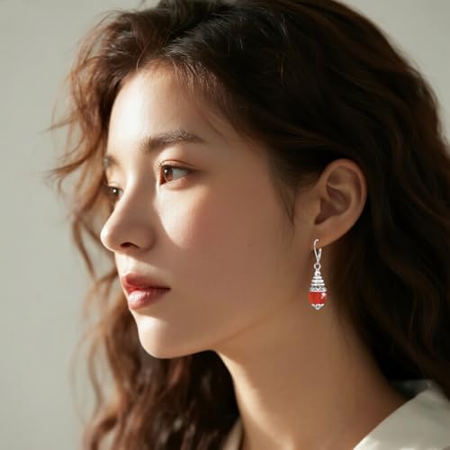 Natural 10mm Stone Beads Drop Earrings,Retro Silver Round Quartz Crystal Gemstone Beads Dangle Earrings for Women - color: A12_Red Quartz Jasper