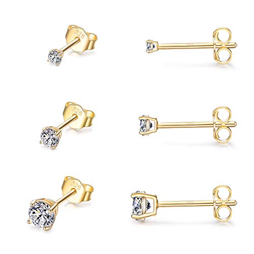 EPIRORA Sterling Silver Stud Earrings for Women- 3 Pairs Tiny Ball Stud Earrings Round CZ Cubic Zirconia Earrings Pearl Earrings Set Cartilage Small Tragus Earrings(2mm,3mm,4mm) - style: CZ earrings(2mm,3mm,4mm)-Gold