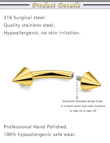 Internally Threaded Eyebrow Piercing Jewelry Surgical Steel Tiny Eyebrow Rings Vertical Labret Lip Jewelry Small Ear Rook Earring for Women Men 18g 16g 14g Plus Piercing Ball Grabber Tool - color: goldtone, size: 16g,spike end