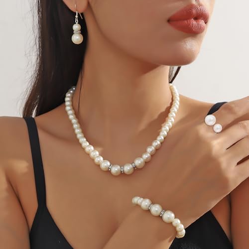 Pearl Jewelry Set, 4 PCS Jewelry Necklaces Hoop Earring Bracelet | Ladies' wedding set, made of hand selected shell pearls, sturdy, durable, will not fade, birthday gift, Valentine's Day gift