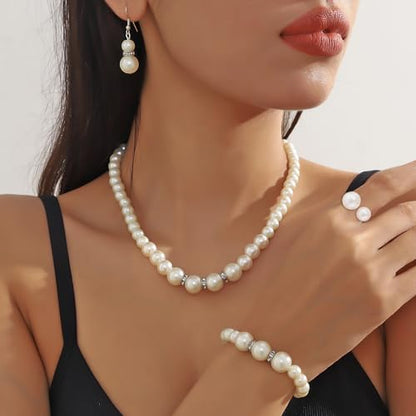 Pearl Jewelry Set, 4 PCS Jewelry Necklaces Hoop Earring Bracelet | Ladies' wedding set, made of hand selected shell pearls, sturdy, durable, will not fade, birthday gift, Valentine's Day gift